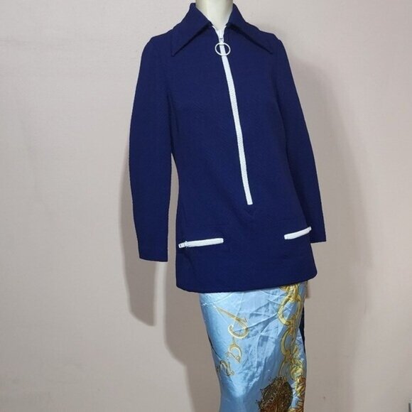 VTG 60s Vana Crimplene Mod Jacket | Cobalt Blue White Trim Zip Front Ring Pull - Picture 2 of 9